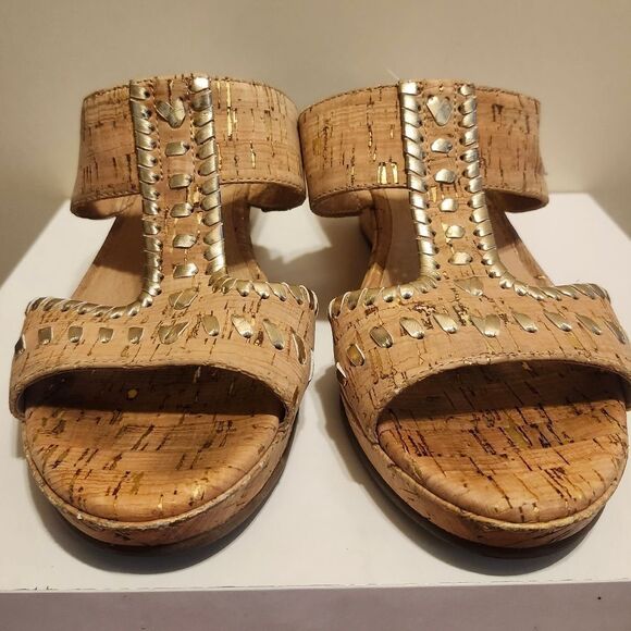 Jack Rogers "Nora" Cork Print Leather Gold Whipstitch Sandals Sz.9.5 Ret $128 - Picture 2 of 8